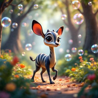 The primary subject of the image is a small zebra standing on a dirt path surrounded by trees. The setting appears to be a forest or a wooded area. The visual style of the image is a digital art or illustration, with the zebra being the main focus. The colors and mood of the image are predominantly earthy tones, giving it a natural and serene atmosphere.